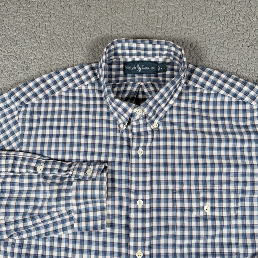 Ralph Lauren Shirt Mens XL Blue Plaid Indigo Work Shirt Flap Pocket Long Sleeve‎